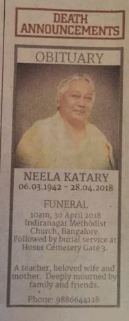 Obituary - Mrs Neela Katary
